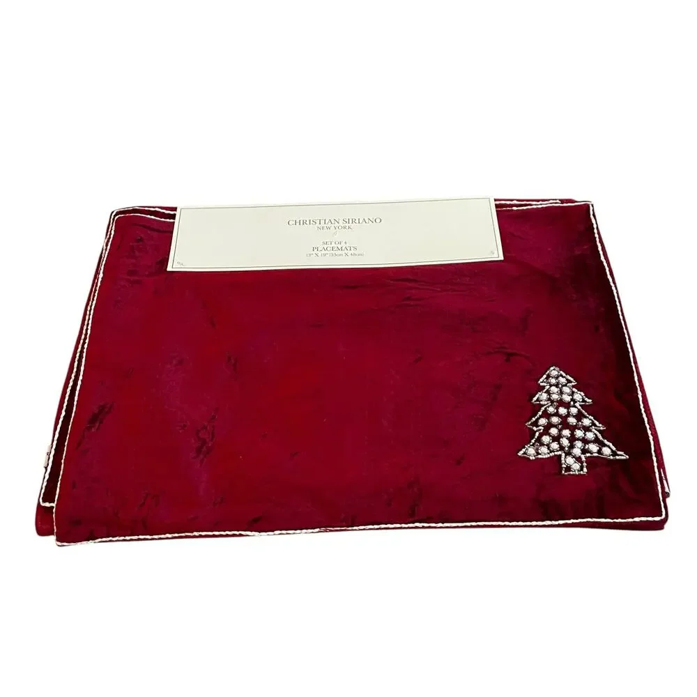 Christian Siriano Christmas Red Velvet Velour Beaded Tree Placemat Set of 4 New